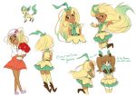  2girls :o :p aroma_lady_(pokemon) blonde_hair boots bow brown_eyes brown_hair clara_(loony_bear) closed_eyes dark_skin dual_persona eevee eeveelution_project elbow_gloves english flower gloves gradient_hair green_hair hair_bow hanakawa_ran hat leafeon leafeon_(cosplay) long_hair loony_bear magical_girl multicolored_hair multiple_girls open_mouth original outstretched_arms pokemon pokemon_(creature) rose simple_background skirt standing thigh-highs tongue white_background zettai_ryouiki 