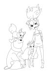  1girl :3 ^_^ ahoge animal_on_head bare_shoulders bike_shorts boots closed_eyes commentary eevee eeveelution_project gloves hair_ribbon hanakawa_ran leg_grab lineart looking_at_viewer loony_bear lopunny miltank open_mouth original pigeon-toed pokemon pokemon_(creature) pokemon_breeder ribbon short_hair short_twintails sitting smile standing togekiss twintails 