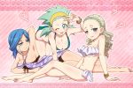  3girls anklet barefoot bikini blue_eyes blue_hair blush bracelet breasts cleavage crossover green_eyes green_hair guel hairband heart inazuma_eleven inazuma_eleven_(series) inazuma_eleven_go inazuma_eleven_go_chrono_stone jewelry large_breasts long_hair maron_(quintet_colors) multiple_girls navel no_pupils smile_(inazuma_eleven) swimsuit tongue twintails urubida v wink 