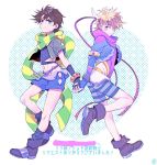  2boys black_hair blonde_hair blue_eyes blue_jacket brown_hair caesar_anthonio_zeppeli cropped_jacket facial_mark feathers fingerless_gloves gloves green_eyes hair_feathers headband jacket jojo_no_kimyou_na_bouken joseph_joestar_(young) leotard midriff multiple_boys rwk scarf striped striped_pants striped_shorts wink young 