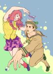  1boy 1girl black_hair bubble cellphone dixie_cup_hat hair_ornament hat higashikata_jousuke_(jojolion) hirose_yasuho jojo_no_kimyou_na_bouken jojolion phone pink_hair pinkgoggles sailor 