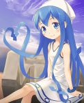  1girl blue_eyes blue_hair dress hat heart ikamusume long_hair masatome shinryaku!_ikamusume tentacle_hair 