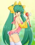  1girl arched_back bow butt_crack green_eyes green_hair hair_bow hatsune_miku kotorii leotard long_hair magical_girl open_mouth solo thighhighs twintails very_long_hair vocaloid wand 