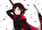  1girl cape flower grey_eyes hanta highres petals ruby_rose rwby scythe short_hair smile solo 