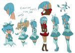  2girls ace_trainer_(pokemon) averted_eyes blue_eyes blue_hair boots bow brown_hair clenched_hand closed_eyes crossed_arms dark_skin dual_persona earmuffs eevee eeveelution_project elbow_gloves english glaceon glaceon_(cosplay) gloves hair_bow hanakawa_ran loony_bear magical_girl multiple_girls open_mouth pokemon pokemon_(creature) scarf short_hair simple_background skirt smile standing thigh-highs thigh_boots tiana_(loony_bear) twintails white_background 