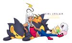  1girl =_= alternate_color bangs beauty_(pokemon) blunt_bangs character_name ciel_leclair closed_eyes commentary dark_skin dress eeveelution_project english eye_contact flaaffy jolteon long_hair looking_at_another looking_at_viewer loony_bear luxray open_mouth original pokemon pokemon_(creature) raichu shiny_pokemon simple_background sitting sleeping smile thigh-highs vest white_background white_hair zettai_ryouiki 