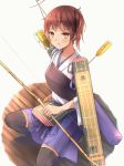  1girl arrow blush bow_(weapon) brown_eyes brown_hair highres japanese_clothes kaga_(kantai_collection) kantai_collection looking_at_viewer mecha_musume muneate odangoya open_mouth personification short_hair side_ponytail skirt solo thighhighs weapon yugake 