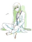  1boy androgynous barefoot enkidu_(fate/strange_fake) fate/strange_fake fate_(series) green_eyes green_hair ifuji leash long_hair solo 