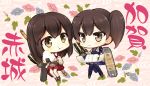  2girls :t akagi_(kantai_collection) arrow bow_(weapon) brown_eyes brown_hair chibi eating food gunp kaga_(kantai_collection) kantai_collection long_hair multiple_girls muneate onigiri quiver short_hair side_ponytail skirt smile weapon 