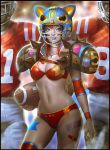  1girl 2boys animal_ears animal_helmet bad_id bandaid bikini black_legwear blue_eyes brand_name_imitation breasts cleavage fake_animal_ears football football_(object) football_helmet hand_on_hip helmet jewelry kilart lips multiple_boys national_football_league navel necklace orange_hair shoulder_pads side-tie_bikini solo_focus spikes strap_gap swimsuit thighhighs wristband 