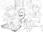  apron baking character_request cookie cookie_clicker factory farm food grandma_(cookie_clicker) highres monochrome niku-name rocket sketch 