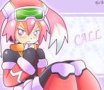  1girl blush call_(mighty_no._9) character_name frown gloves goggles goggles_on_head hat long_hair mighty_no._9 pink_eyes pink_hair shoutaro_saito signature sitting solo twintails 