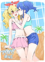  2girls :d aikatsu! bare_shoulders bikini blonde_hair blue_hair blush cheek_kiss closed_eyes couple hairband hand_on_shoulder hoshimiya_ichigo hug kiriya_aoi kiss long_hair midriff multiple_girls navel open_mouth red_eyes red_ribbon ribbon shorts side_ponytail smile swimsuit tree twintails wink yoban yuri 