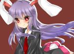  1girl all_fours animal_ears arched_back blazer blush bunny_tail collared_shirt dress_shirt koyashaka long_hair looking_at_viewer necktie pink_skirt pleated_skirt purple_hair rabbit_ears red_eyes reisen_udongein_inaba shirt skirt solo tail touhou wavy_mouth white_shirt 
