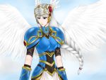  1girl angel_wings applepie armor armored_dress blue_eyes braided_hair breasts cowboy_shot eyeshadow feathers hat_feather helmet highres lenneth_valkyrie long_hair makeup silver_hair solo valkyrie valkyrie_profile wings 