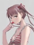  1girl bikini bow breasts brown_eyes brown_hair bust cleavage fingernails food fruit hair_bow hareno_chiame long_hair looking_at_viewer parted_lips rough simple_background solo strawberry striped striped_bikini striped_swimsuit swimsuit twintails 