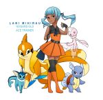  1girl :3 ace_trainer_(pokemon) bangs belt blue_hair blunt_bangs boots brown_eyes character_name commentary dark_skin eeveelution_project fingerless_gloves floatzel frillish gloves knee_boots lani_mihirau looking_at_viewer loony_bear multiple_tails original poke_ball pokemon pokemon_(creature) simple_background smile standing tail thigh-highs twintails vaporeon wartortle white_background zettai_ryouiki 