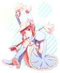  1girl aihara_kaya baton boots dress hat jakuzure_nonon kill_la_kill looking_at_viewer pink_eyes pink_hair shako_cap sitting smile solo uniform 