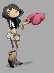  1girl abigail_lincoln boots bracelet codename:_kids_next_door earrings grey_background hat hat_removed headwear_removed high_heels jewelry long_hair looking_at_viewer looking_back midriff shorts smile solo standing t_k_g teenage wavy_hair 
