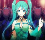  1girl aqua_eyes aqua_hair china_dress chinese_clothes detached_sleeves hatsune_miku headset long_hair project_diva project_diva_f smile solo tayoko twintails vocaloid world&#039;s_end_dancehall_(vocaloid) 