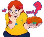  1girl braid character_name codename:_kids_next_door food glasses heart lizzie_devine pinky_out redhead simple_background smile solo t_k_g tagme twin_braids wavy_mouth white_background 