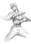  1boy caesar_anthonio_zeppeli dougi fighting_stance japanese_clothes jojo_no_kimyou_na_bouken kurenai_karasu monochrome solo 