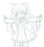  1girl animal_ears blush closed_eyes kuromame_(8gou) long_hair monochrome open_mouth outstretched_arms simple_background smile solo thigh-highs twintails white_background 