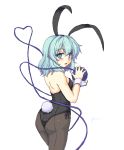  1girl alternate_costume animal_ears black_legwear blush bunny_girl bunny_tail bunnysuit gomi_(gomitin) komeiji_koishi looking_at_viewer looking_back pantyhose rabbit_ears short_hair simple_background solo tail third_eye touhou wrist_cuffs 