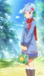  1girl antenna_hair bag blue_hair blue_sky boots clouds coat dated hair_ornament hair_ribbon highres looking_at_viewer nicca_(kid_nicca) original red_eyes ribbon scarf signature sky socks solo tree 