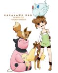  1girl :3 ^_^ ahoge animal_on_head bare_shoulders bike_shorts blush boots brown_eyes brown_hair character_name closed_eyes commentary eevee eeveelution_project gloves hair_ribbon hanakawa_ran leg_grab looking_at_viewer loony_bear lopunny miltank open_mouth original pigeon-toed pink_eyes pokemon pokemon_(creature) pokemon_breeder_(pokemon) ribbon short_hair short_twintails simple_background sitting smile standing togekiss twintails white_background 