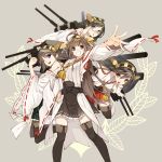  4girls absurdres ahoge bare_shoulders black_hair blue_eyes breasts brown_eyes brown_hair detached_sleeves glasses hair_ornament hairband haruna_(kantai_collection) headgear hiei_(kantai_collection) highres japanese_clothes kantai_collection kirishima_(kantai_collection) kongou_(kantai_collection) long_hair multiple_girls open_mouth personification semi-rimless_glasses senmu short_hair smile thigh-highs under-rim_glasses wink 