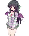  1girl alternate_costume black_hair blush bow givuchoko hair_bow highres long_hair miniskirt red_eyes reiuji_utsuho skirt solo sweater third_eye touhou wings 