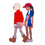  1boy 1girl abigail_lincoln bald black_hair braid clenched_hand codename:_kids_next_door dark_skin earrings hat holding_hands jewelry looking_at_another nigel_uno parted_lips shorts simple_background standing sunglasses t_k_g walking white_background 