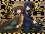  2girls androgynous back-to-back belt belt_pouch black_hair blue_eyes brown_hair cabbie_hat crossover gun hat kino kino_no_tabi long_coat multiple_girls persona persona_4 plaid plaid_pants police_tape reverse_trap revolver shirogane_naoto short_hair weapon whistle_frog 