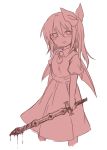 1girl blood bow daiyousei kuromame_(8gou) long_hair looking_at_viewer monochrome side_ponytail simple_background sketch smile solo sword touhou weapon white_background yandere 