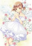  1girl bare_shoulders brown_eyes brown_hair dress flower hair_ribbon jewelry necklace philomelalilium ribbon rose short_twintails solo twintails wings 