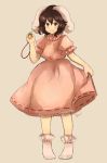  1girl animal_ears black_hair bloomers blush carrot character_name dress full_body highres inaba_tewi inazakura00 jewelry looking_at_viewer necklace pink_dress puffy_sleeves rabbit_ears red_eyes short_hair short_sleeves simple_background skirt skirt_hold smile socks solo touhou underwear 