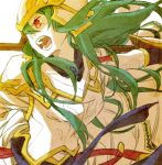  1girl armor armored_dress athena_(p&amp;d) breastplate green_hair helmet long_hair open_mouth polearm puzzle_&amp;_dragons red_eyes solo spear weapon 