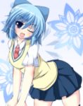  1girl alternate_costume bent_over blue_eyes blue_hair bow cirno fang flower hair_bow ice ice_wings looking_at_viewer masiromu necktie open_mouth pleated_skirt school_uniform shirt short_sleeves skirt smile solo thigh-highs touhou vest wings wink zettai_ryouiki 
