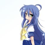  1girl ahoge blue_hair blush green_eyes izumi_konata long_hair lucky_star mizushima_(p201112) mole school_uniform serafuku solo 