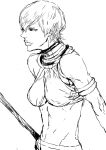  1girl armlet bare_shoulders crop_top elena jewelry lips mahito_(tranjistor) monochrome neck_ring short_hair sketch solo staff street_fighter street_fighter_iii toned 
