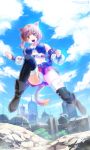  1girl animal_ears boots brown_eyes brown_hair city clouds detached_sleeves final_fantasy final_fantasy_xiv hair_ornament jumping looking_at_viewer looking_down midriff miqo&#039;te panties short_hair sky solo tail thighhighs underwear wall you_haruka 