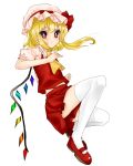  1girl :&lt; ascot blonde_hair blouse blush bow dress flandre_scarlet frills hair_between_eyes hair_bow hair_ribbon koyashaka looking_at_viewer mary_janes mob_cap multicolored_eyes red_dress red_shoes red_skirt ribbon shoes short_sleeves side_ponytail simple_background skirt skirt_set solo thigh-highs touhou white_background white_legwear wings zettai_ryouiki 