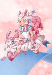 1girl aaron_rodriquez blue_eyes blush boots bow commentary doily eeveelution_project ellette_(loony_bear) gloves gradient_hair lips long_hair magical_girl multicolored_hair original parted_lips pink_hair pokemon pokemon_(creature) ribbon running sylveon watermark white_hair 