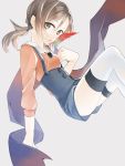  1girl brown_eyes brown_hair feathers highres kotone_(pokemon) lips no_hat nokisita3412 overalls pokemon scarf short_twintails thigh-highs twintails 