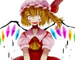  ascot blonde_hair blood blood_in_mouth blood_on_face bloody_tears blouse bow dress flandre_scarlet frills hair_bow hair_ribbon looking_at_viewer mob_cap red_dress red_eyes red_skirt ribbon short_sleeves simple_background skirt skirt_set smile touhou white_background wings yxyx_ika 