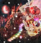  ankle_socks ascot blonde_hair blood blouse bodice chain church corset crescent_moon dress flandre_scarlet frilled_dress frilled_skirt frills mayumi=time moon night night_sky red_eyes red_moon red_skirt short_sleeves skirt skirt_set sky socks touhou transparent tree upside-down wings 