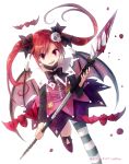  1girl bat_wings blood bow dress drip hair_bow looking_at_viewer original polearm single_thighhigh skull spear striped striped_legwear thigh-highs twintails weapon wings yakka 