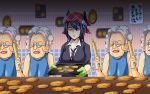  breasts clone cookie cookie_clicker crossover eyepatch food glasses grandma_(cookie_clicker) headgear kantai_collection multiple_girls old_woman oven_mitts personification purple_hair rolling_pin school_uniform shabushabu_yaro short_hair tenryuu_(kantai_collection) tray 