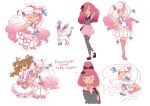  2girls alternate_hairstyle blue_eyes blush boots bow brown_eyes brown_hair character_sheet dual_persona eevee eeveelution_project ellette_(loony_bear) english garters gloves gradient_hair hair_bow hair_ribbon hanakawa_ran hand_on_hip looking_at_viewer loony_bear magical_girl multicolored_hair multiple_girls off_shoulder parted_lips pink_hair pokemon pokemon_(creature) ponytail ribbon simple_background skirt smile standing sylveon thigh-highs thigh_boots twintails v v_over_eye white_background wink 